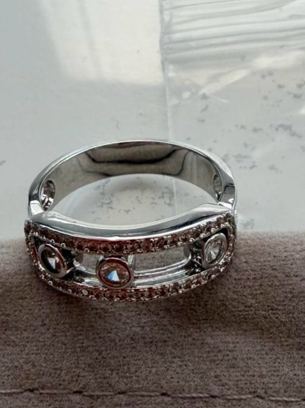 Sterling-Style Silver Band Ring with Clear and Pink Accent Stones